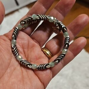 Alex and Ani Wire Bangle Bracelet Silver Tone Pale Green Crystal Beads Charm‎